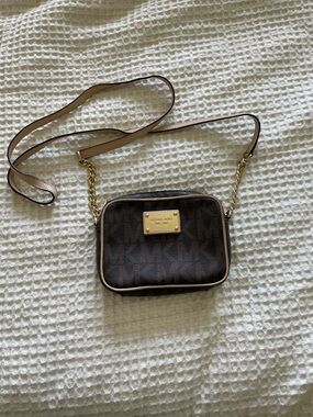 Michael Kors Brown Logo Crossbody with Gold Plate